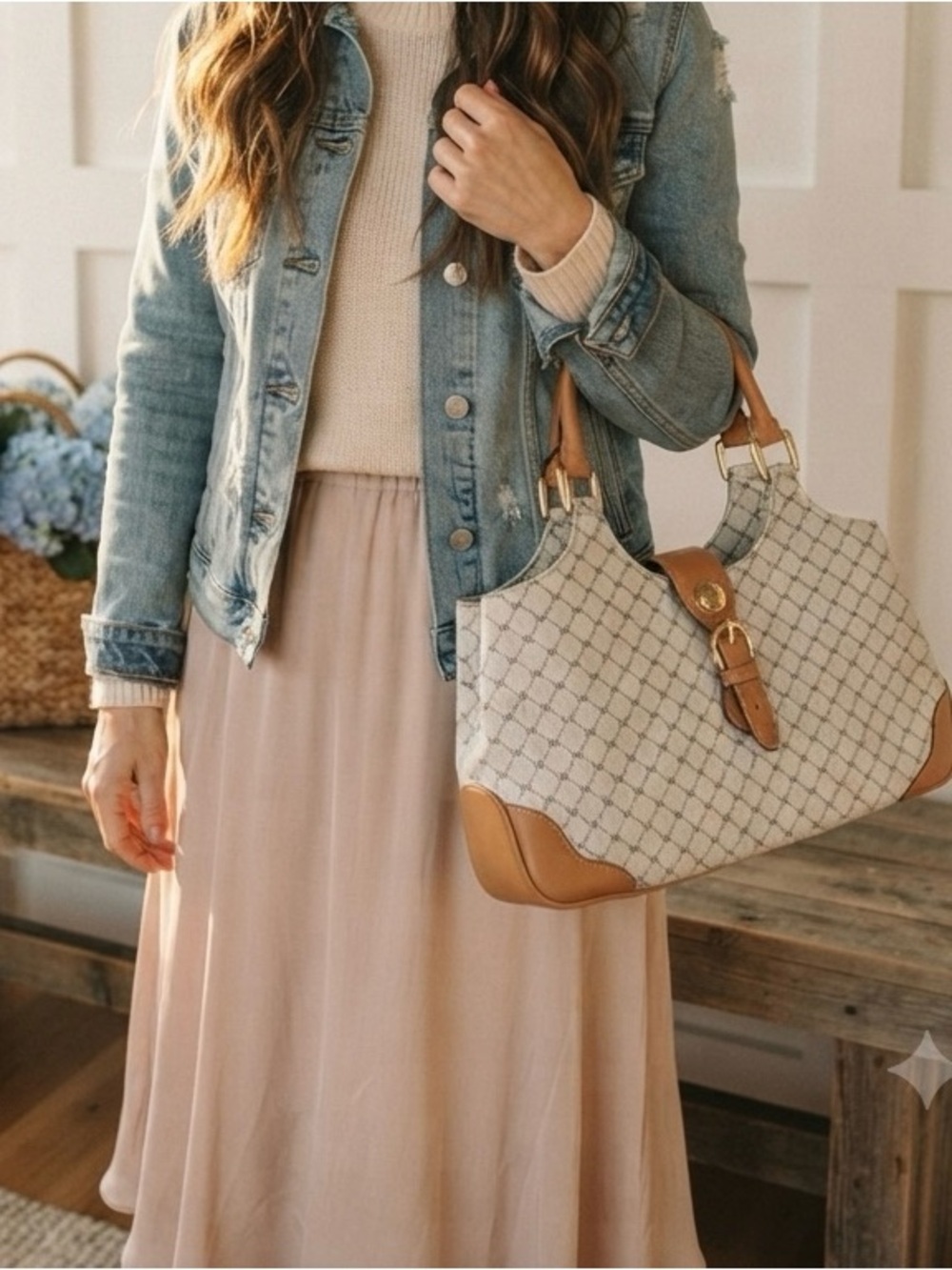 Rioni NWT Cream Patterned Shoulder Tote with Tan Trim